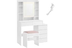 VASAGLE Toaletka z oświetleniem LED, toaletka z lustrem, szufladami, otwartymi przegródkami, regulowanymi półkami, stołkiem, regulacją jasności, nowoczesny, chmurna biel RDT125W01