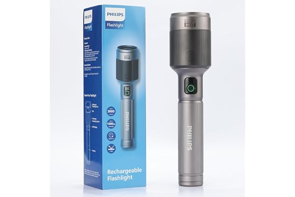 PHILIPS 9000mAh LED Torch Light, 3000LM Flashlight with Telescopic Zoomable, 1000M Coverage, 60W High Power Rechargeable Handheld Flash Light for Indoor, Camping, Exploration, Emergency Lighting