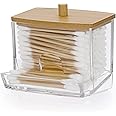 SUMTree L-shaped Qtip Cotton Ball Holder Acrylic Qtip Dispenser with Bamboo Lid, Floss Swab Dispenser, Bathroom Storage Jar Canister, Plastic Apothecary Jar for Kitchen Bathroom Dressing Table