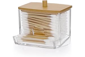 OGANAZI Acryl Wattestäbchen Box Kleine Schminktisch Organizer Transparent Aufbewahrungsbox mit Bambusdeckel für Badezimmer, Schlafzimmer, Waschbecken (Formgebung für leichten Zugang, haltbar, leicht)