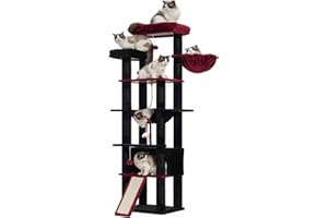Heybly Árbol gótico para Gatos, 200 cm de Altura Torre para Gatos, con 11 Postes, 2 Plataformas, 1 Cuevas, Cesta, Hamaca, 3 Pompón, Multinivel para Gato Grandes, Negro Rojo HCT033BR