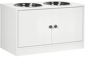 PawHut Hundenäpfe, Erhöhtes Futterstation mit 2 Edelstahlschüsseln, Hundenapfständer mit 44L Stauraum, Magnettüren, Fressnapf, Wassernapf für Große Hunde, Weiß