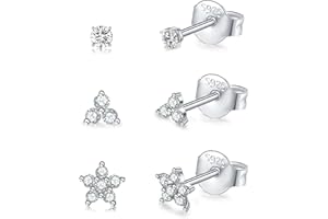 CERSLIMO Silver Stud Earrings for Women Girls, Tiny Flower Earrings Set | Small Cubic Zirconia Helix Earrings Dainty Tragus Cartilage Trio Studs Cherry Blossom Ear Piercing Jewelry Gifts