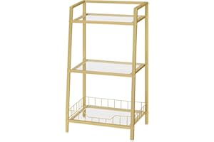 HOOBRO Złoty regał na książki, 3-poziomowy regał ze szkła hartowanego, stojak do przechowywania w łazience, stojak do przechowywania płyt z bocznymi osłonami, mocny i trwały, do łazienki, sypialni,