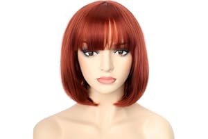PORSMEER Short Copper Red Bob Wigs with Fringe For Unisex Womens Natural Synthetic Hair Colorful Costume Cosplay Wig for Anime Halloween Fancy Dress Party+Wig Cap