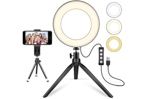 MACTREM Aro de Luz LED con Trípode para Videos de Youtube, Maquillaje y Selfies, Luz de Cámara Mini con Soporte para Móvil, 3 Modos de Luz y 11 Niveles de Brillo (6 Pulgadas)
