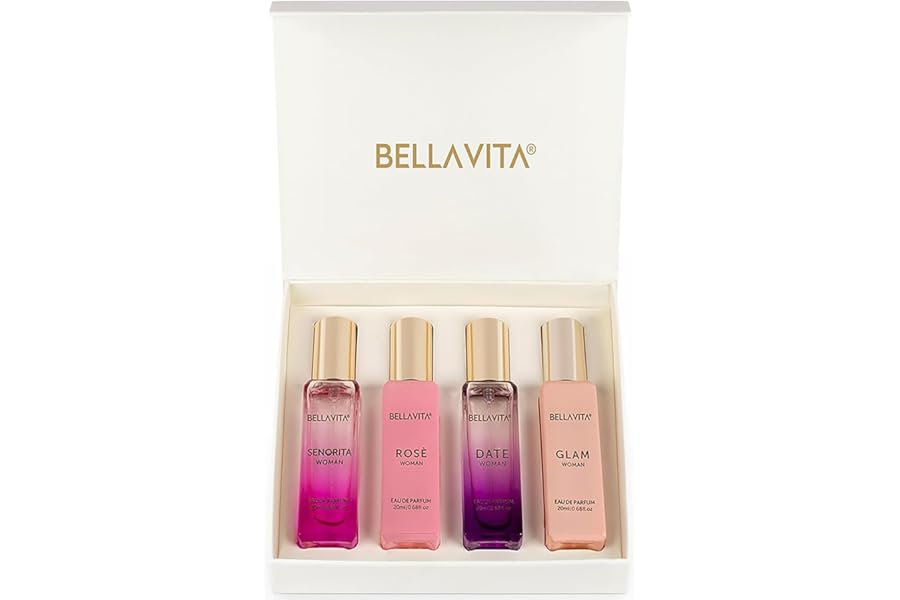 Bellavita Luxury Women's Gift Set with Date Senorita Glam & Rose | Floral Fruity Musky Rose White Floral Scent Profiles | Gift Set (4×20 ml) | Women's Perfume | Perfect Christmas & New Year Gift
