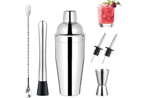 VIQIHEOE Cocktail Shaker, Basics Cocktail, Acier Inoxydable 750ML 6 Pièces Cocktailshaker Bartender Set, Accessoire de Barman Professionnel, Outil de Bar, pour Maison, Bar, Fête, Mariage