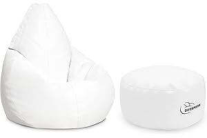 Diverpuff Puff Pera Gigante con Reposapies - Puf con Relleno Incluido XXL Interior - Ideal para Adultos y Niños (XXL + Reposapies, White)