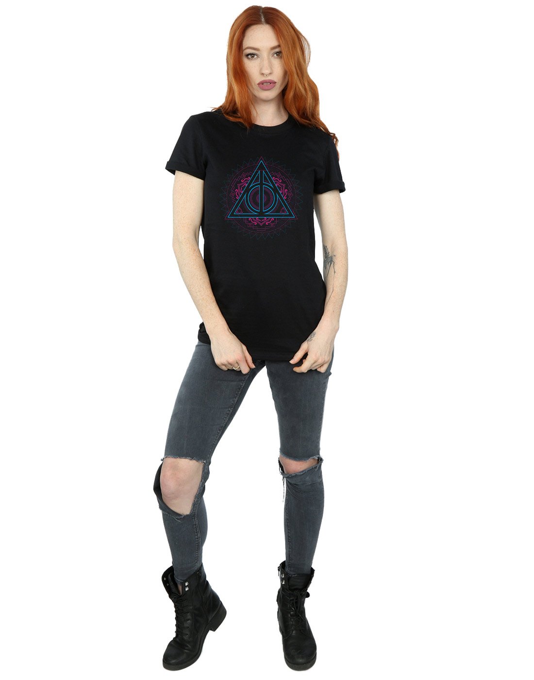 Harry-Potter-Damen-Neon-Deathly-Hallows-Boyfriend-Fit-T-Shirt-Schwarz-Medium