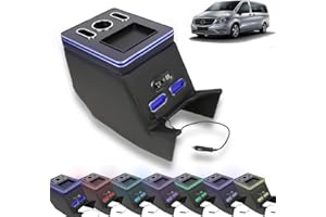 AKYKE Armlehne Box für V-Klasse V220 V260 V250 W447, Auto Armlehne Box Center Console Organizer mit Getränkehaltern 7 Farben LED Lichter Zigarettenanzünder (Black)