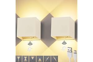 ‎SENFAY 2 Stück Akku Wandleuchte mit Bewegungsmelder, 6W USB Aufladbare Wandlampe mit Batterie 3600mAh, Einstellbarer Lichtstrahl, Warmweiß 3000K, LED kabellos Wandleuchten Innen for Schlafzimmer Flur, Weiß