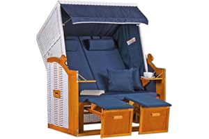 ‎MR. DEKO MR. DEKO® Strandkorb Ostsee Volllieger 2-Sitzer | PE Geflecht Weiß Bezug Uni blau | inkl. 4 Kissen & Klapptisch | Strandstuhl verstellbar | Strandkörbe aus Hartholz mit Fußablage (Dessin Uni Blau)
