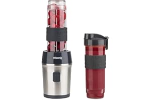H.Koenig Smoothie Maker SMOO9 – mini blender – 300 W – 570 ml – stal szlachetna – 2 butelki z tworzywa sztucznego – nie zawiera BPA