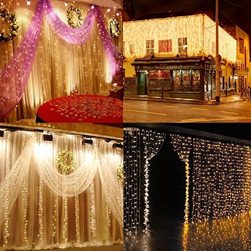 Vorhänge beleuchtet KingTop Lichterkette 3 m * 3 M 304 LEDs 8 Modi Licht-Vorhang Icicle für Dekoration Innen, Außen, Schlafzimmer, Hochzeit, Weihnachten, Abend, Party [Energieeffizienzklasse A +] Warmweiß - 4