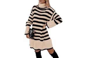 Imily Bela Vestido de punto para mujer, a rayas, cuello alto, manga larga, elegante, para invierno, largo hasta la rodilla, suelto