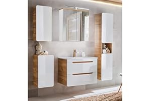 Lomadox Badmöbel Komplett-Set, Hochglanz weiß mit Wotaneiche, 80cm Waschtisch-Unterschrank mit Keramik-Waschbecken, LED-Spiegelschrank