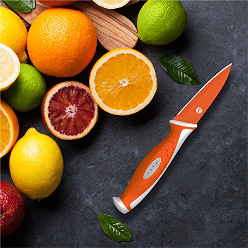 Vremi 10 Stück Buntes Messerset – 5 Küchenmesser mit 5 Messerhüllen – Edelstahl-Messer-Set mit Wellenschliff und Gemüsemesser – Mehrfarbige messer mit Farbiges passendes Gehäuse - 5