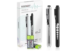 RISEMART 2PCS Diagnostic Penlight Pen Torch Light Reusable LED Penlight with Pupil Gauge for Nurses Doctors with Pocket Clip Included 4 * AAA Batteries (Black and Silver)