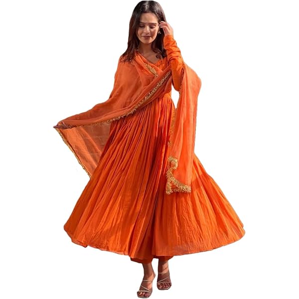 Buy GoSriKi Women's Rayon Blend Anarkali Solid Kurta with Pant & Dupatta  (MAADHVI Orange-GS_S_Orange_Small) at Amazon.in