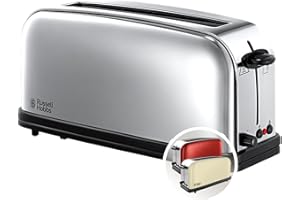 Russell Hobbs Grille Pain [Fente longue 2 Toasts/ 1 Tranche baguette] Victory Acier Inox (6 Niveaux de Brunissage réglables, Surélévation, Décongèle, Réchauffe viennoiserie, 1000W) Toaster 23510-56