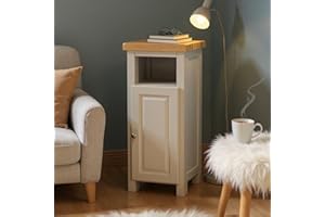 GROF Slim Display Cabinet, Snow White Painted Storage Unit with Oak Top, Narrow Side Table for Living Room and Hallway, W33 x D30 x H80 cm (Grey 1)
