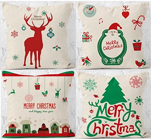 Merry Christmas Pillow Cartoon Case Cover, Colorfast Soft Sofa Bed Home Decoration Festival Case Square Car Cushion Cover—Set of 4 (Type 1)