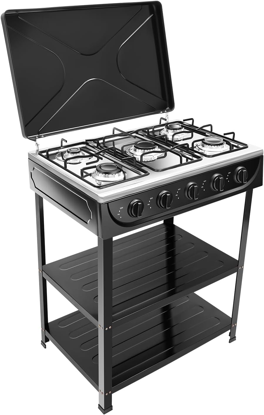KKVUIIF 5 fuegos de gas, 2,5 kW, placa de gas con soporte antideslizante y tapa, cocina de gas independiente, cocina de gas para camping, 61,5 x 42,5 x 82 cm (negro)