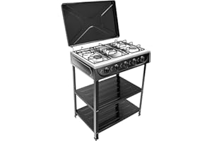 OUKANING Cuisinière à gaz, 5 flammes, 2,5 kW par brûleur, pose libre pour NG/LPG, avec boutons rotatifs, couvercle et pieds antidérapants, pour l'extérieur, le camping, le camping-car (noir)