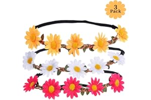 XCOZU Blumenkranz Haare, 3 Daisy Blumen Stirnband Haarband Hochzeit Haarkranz Krone, Haarband Blumen mit Justierbaren Elastischen Band Damen Mädchen für Party Strand Haarreif Blumen Kopfschmuck