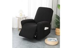 Hearda sesselschoner für Relaxsessel 1 Sitzer, 4-Teilig Jacquard Schwarz Sesselschoner für Fernsehsessel und Relaxsessel mit Taschen, Stretch Sesselbezug mit armlehne