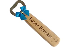 BOMOSKI Super Parrain Décapsuleur en Bois Gravé et Personnalisé sur 2 Faces Cadeau Original pour Noël, Anniversaire Ouvre Bouteille pour le Meilleur Parrain