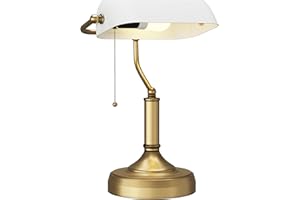 HOMCOM Banker's Table Lamp Desk Lamp with Antique Bronze Tone Base, White Glass Shade and Pull Rope Switch for Home Office, Living Room, Bedroom, Dining Room, White