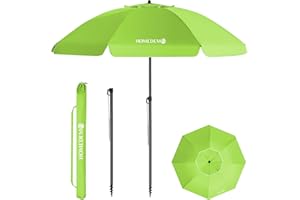 HOMEDEMO Parasol Plage Inclinable avec Revêtement Argenté, Protection Solaire UV50+, avec Pied d'Ancrage à Visser & Housse de Protection, pour Terrasse, Piscine, Marché, 200cm, Vert Pomme