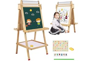 MAYCOLY Kinder Staffelei Malerei Doppelseitige Tafel für Kinder mit Kreidetafel & Whiteboard Höhenverstellbar Standtafel mit Papierroller Aufkleber Malzubehör Ablageschale für Jungen Mädchen ab 3 Jahre