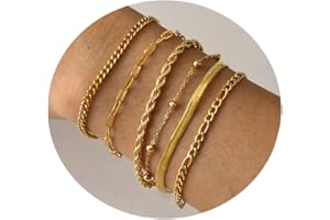 Gamtic Gold Ketten Armband Damen - 18 Karat Vergoldet Stapelarmbänder Edelstahl Twist Figaro Ketten Armbänder, 6 Stück Set, Verstellbare Armband Wasserdichter Gold Schmuck für Damen Frauen