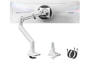 monTEK Single Monitor Arm with USB A/C for 17-57" Ultrawide Curved Screen, Load 27kg, Adjustable Monitor Desk Mount with Tilt Swivel Rotate, Gas Spring, 75/100 VESA Mount, Clamp & Grommet, White