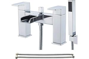 Luckyhome Bath tap with Shower Waterfall Bath Shower Filler Mixer Tub Tap Double Lever Chrome Solid Brass with Handheld Shower Head Faucet