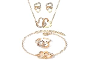 FDEETY 4PCS Conjuntos de Joyas para Mujer Niñas Zirconia Cúbica Collar con Colgante Pendientes Corazón Pulsera y Anillo Juego de Joyas San Valentín Día de la Madre para Esposa Madre Novia