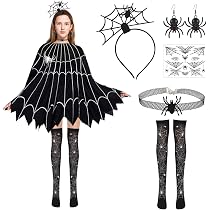Halloween Kostüm Spinne Damen Set – Spinnennetz Poncho, Maske, Haarreifen, Halskette, Ohrringe & Strümpfe Für Gruselparty