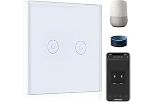 BSEED Interruptor de Pared WiFi,Interruptor Inteligente 2 Gang 1 Vía con Pantalla Táctil Blanco,Compatible con Alexa, Google Home, Control de APP y Función de Temporizador【Se necesita Neutro】