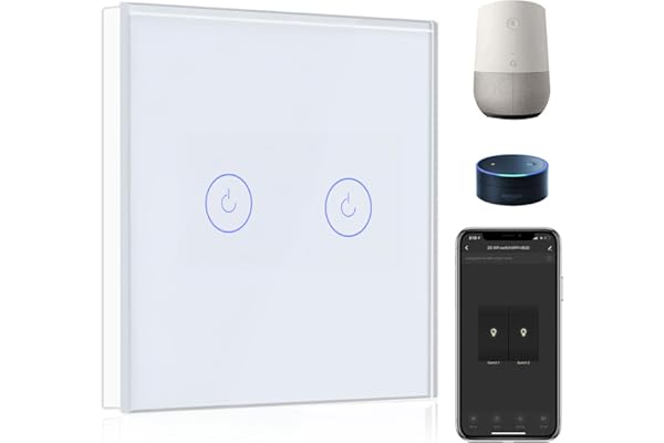 BSEED Interruptor de Pared WiFi,Interruptor Inteligente 2 Gang 1 Vía con Pantalla Táctil Blanco,Compatible con Alexa, Google Home, Control de APP y Función de Temporizador【Se necesita Neutro】