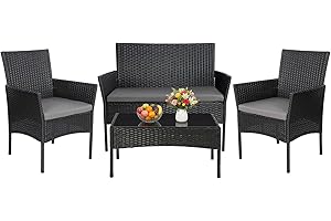 Panana Rattan Garden Furniture Set, 4 Piece Chair Sofa Set with Tempered Glass Table, Cushions Patio balcony Outdoor Conservatory Indoor