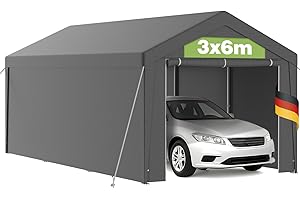 KIDSGIGGLZ Tente Garage Carport 3x6 m en Acier Galvanisé, Couverture PE 200g/m² Imperméable Résistante UV, Parois Latérales Amovibles, Abri Extérieur pour Voiture Bateau Outils Jardin - Gris