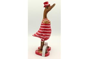 dekoundmeer Ente aus Holz zur Dekoration mit Hut/Badelatschen und Badeanzug in Rot-Weiss Geringelt 27cm