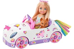 Barbie Club Chelsea Doll (6-Inch Blonde) with Open-Top Rainbow Unicorn-Themed Car, Pet Puppy, Sticker Sheet & Accessories, Gift for 3 to 7+ - GXT41