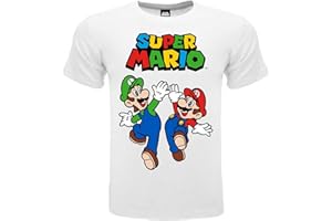 FASHION UK T Shirt Mario e Luigi. Maglietta Ufficiale Super Mario. 100% Cotone. Colore Bianco con Logo. Prodotto su Licenza. Taglie da Bambino/Ragazzo.