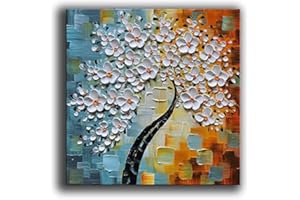 Fokenzary Dipinto a mano astratto moderno fiori spessi effetto 3D coltello tela pittura incorniciata pronta da appendere (40,6 x 40,6 cm)