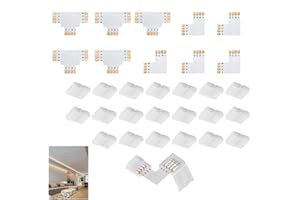 QTKSCEADLNCE 30 Piezas Kit de Conectores para Tiras LED de 10mm, 4 Pine Conectores Tiras Luces Incluye 20pcs Conectores sin Espacios 5 Conectores de L y 5 de T Kit de Conector de Tira LED Sin Soldadura