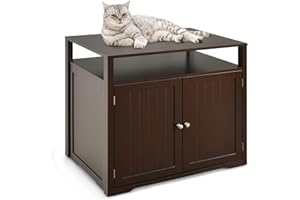 COSTWAY Mobile per Lettiera Gatti in Legno, con Mensola, Divisore Smontabile, 2 Ante con Chiusura Magnetica e Ingresso Laterale, Mobiletto Multiuso per Ingresso e Soggiorno (Caffè)